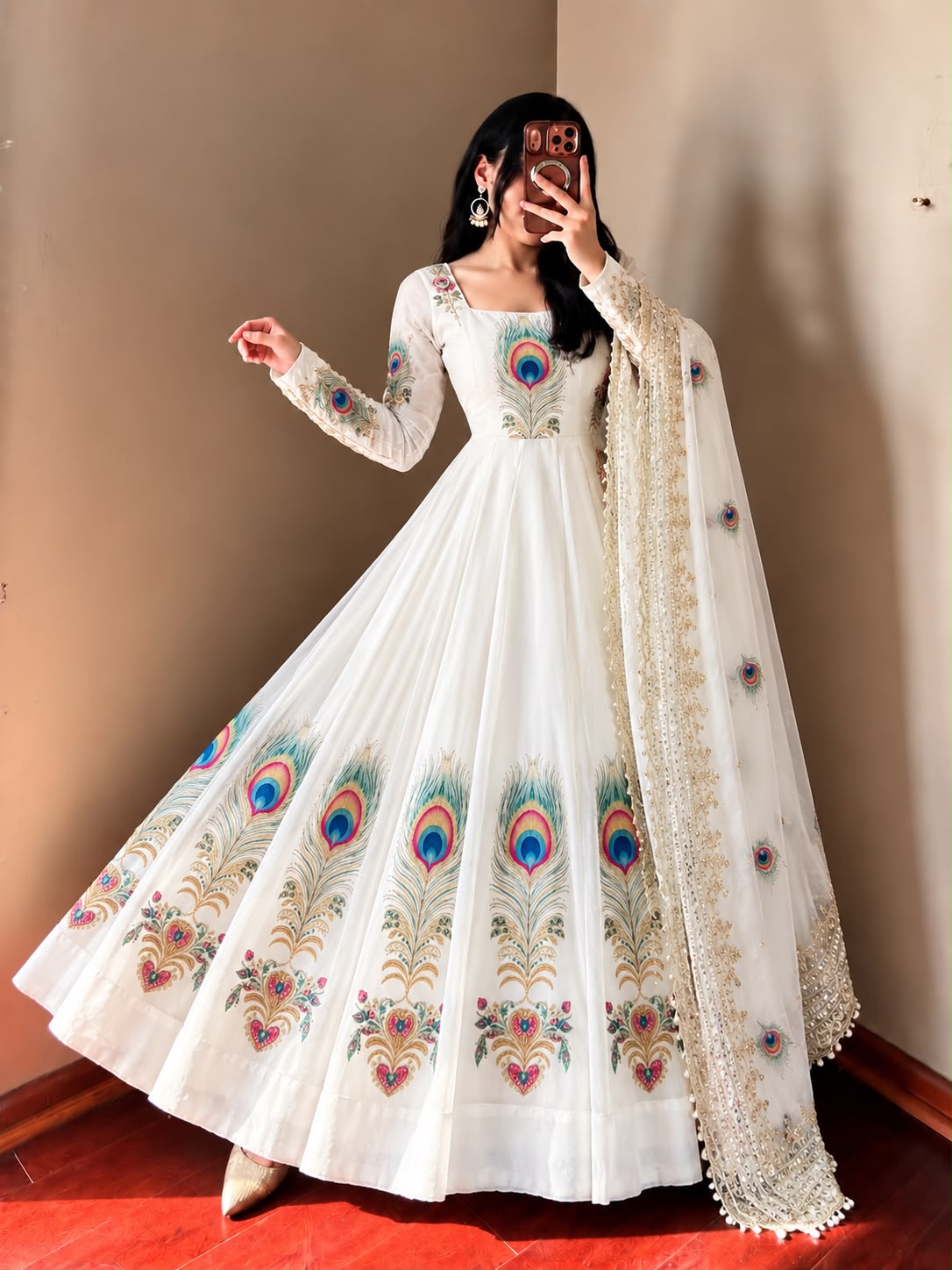 White peacock feather Anarkali