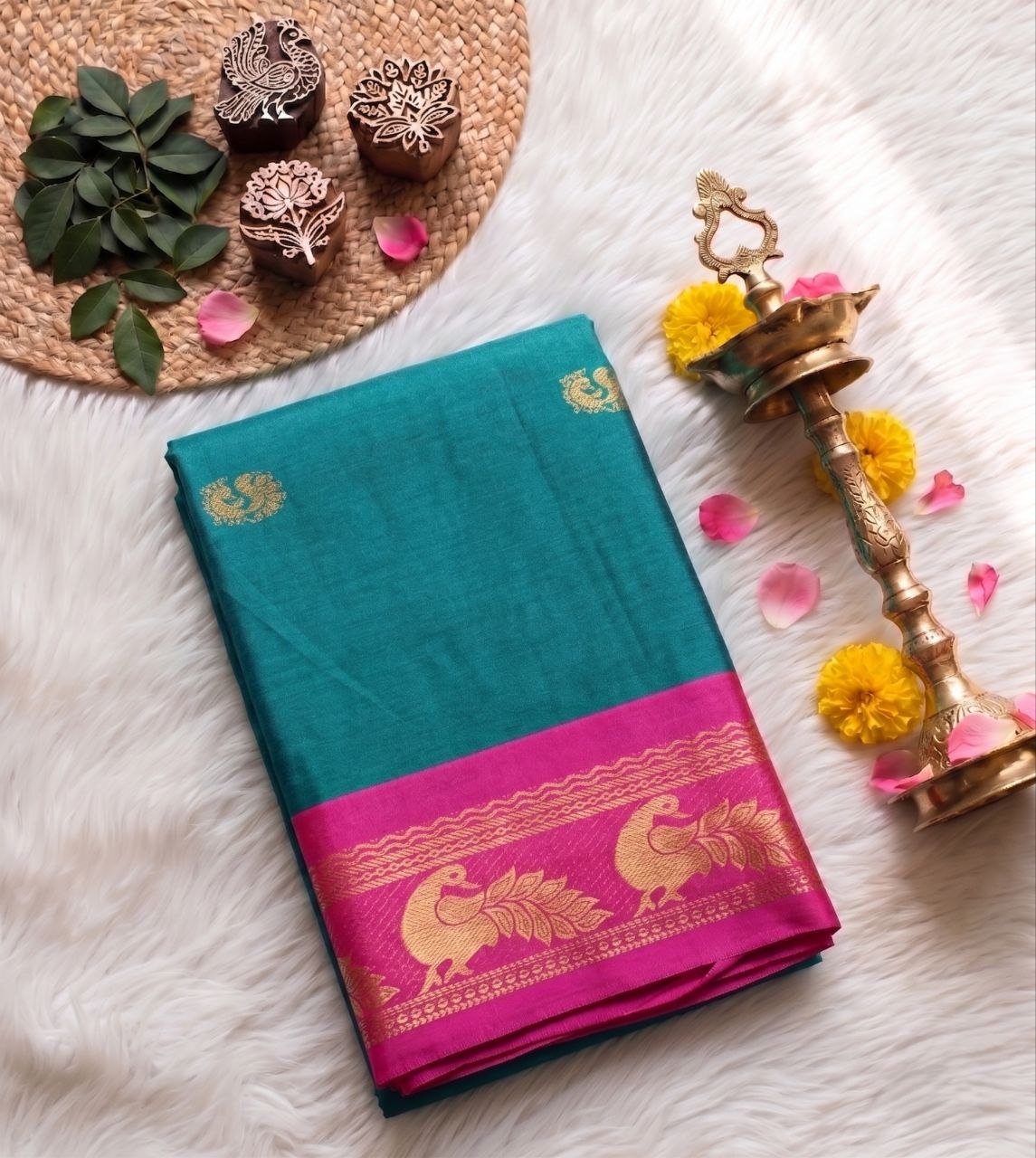 Teal and pink soft silk saree