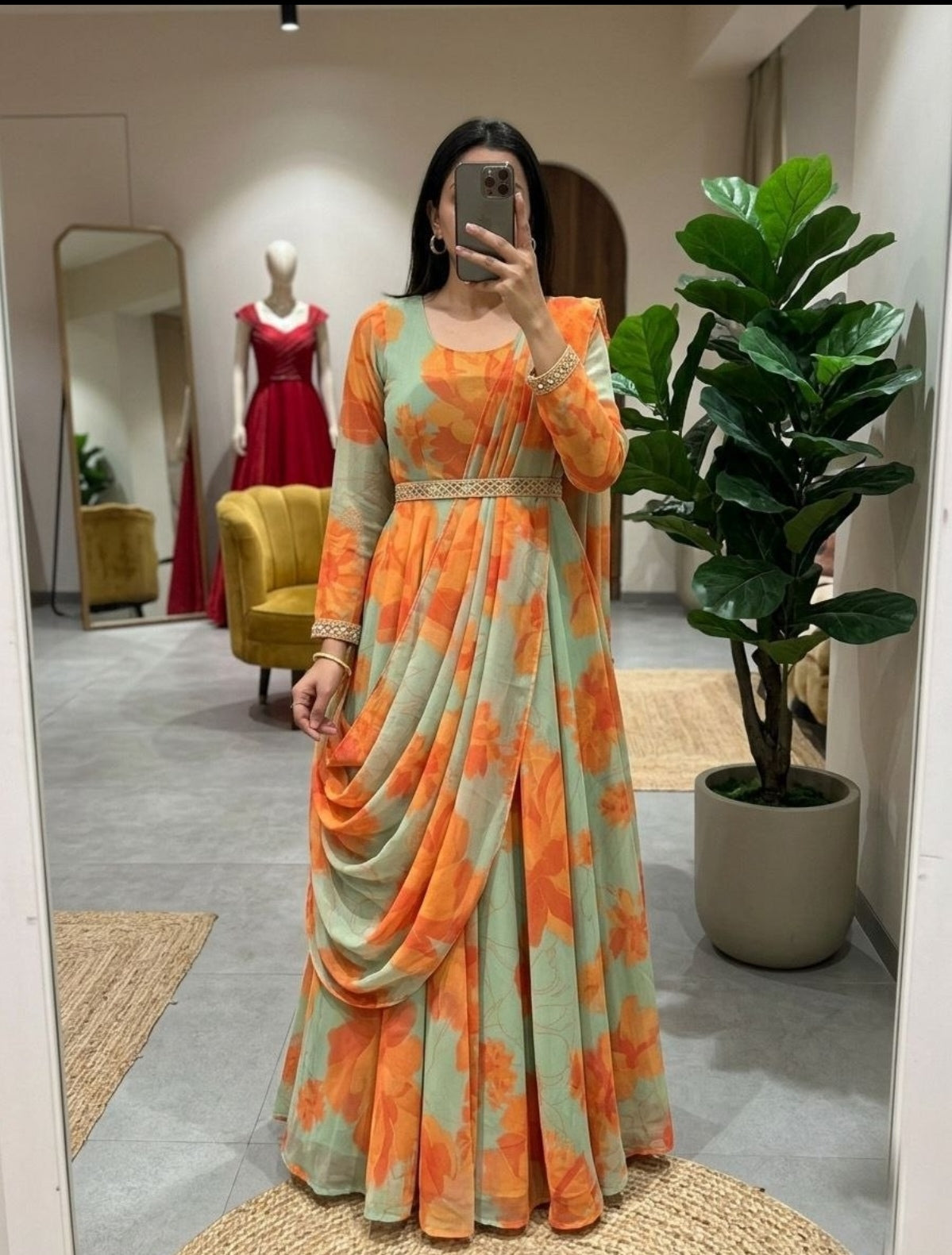 Beige and Orange saree gown