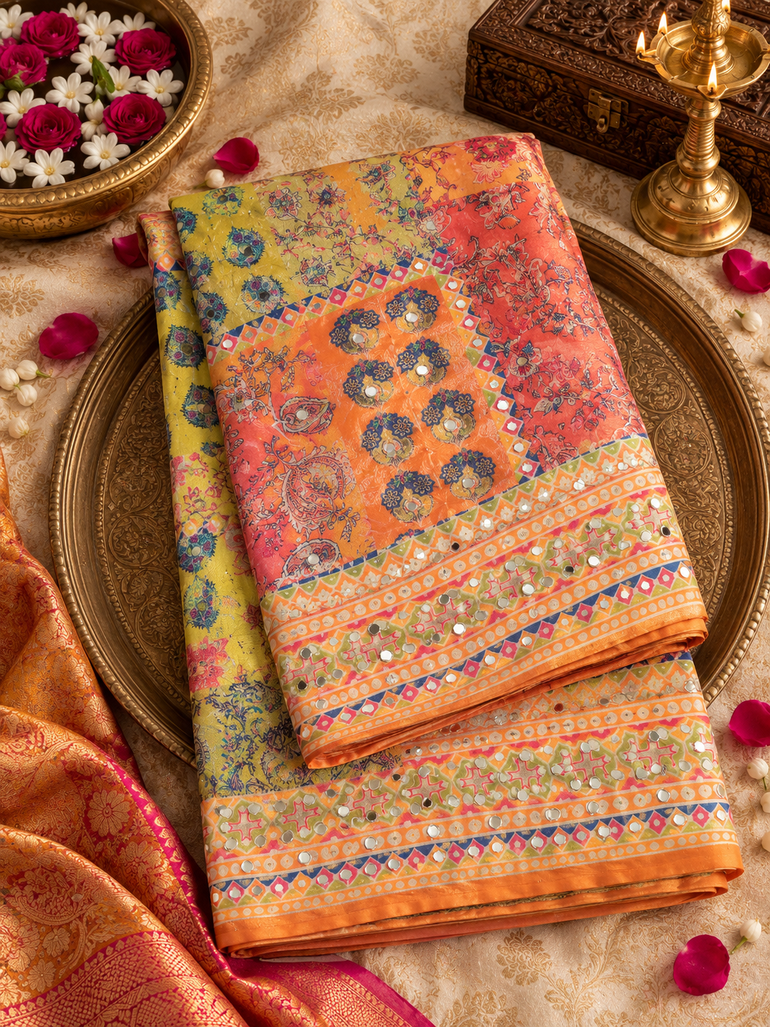 Abstract print mirror work saree