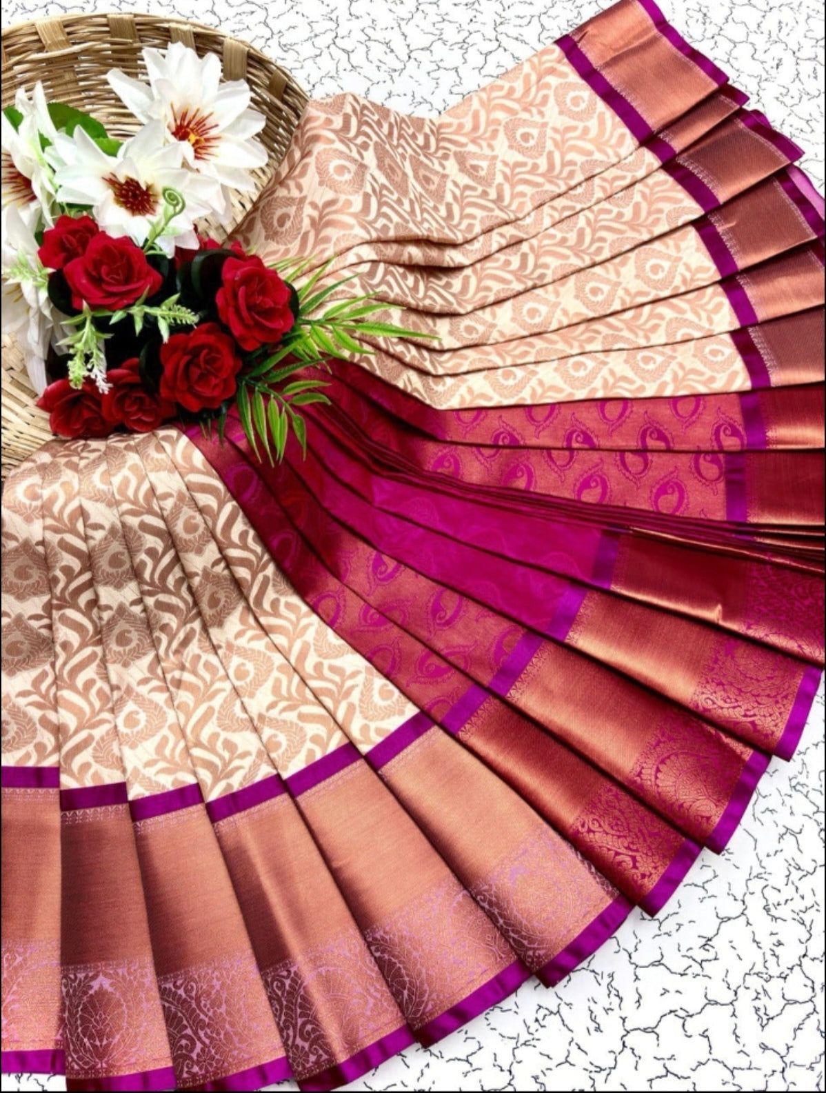 Cream and pink saree