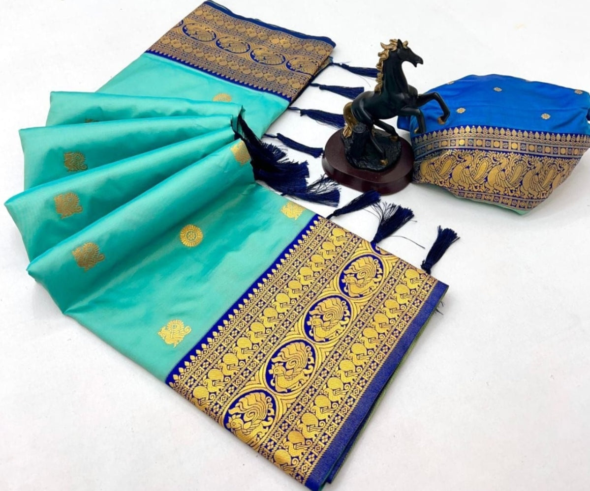 Aqua blue silk saree