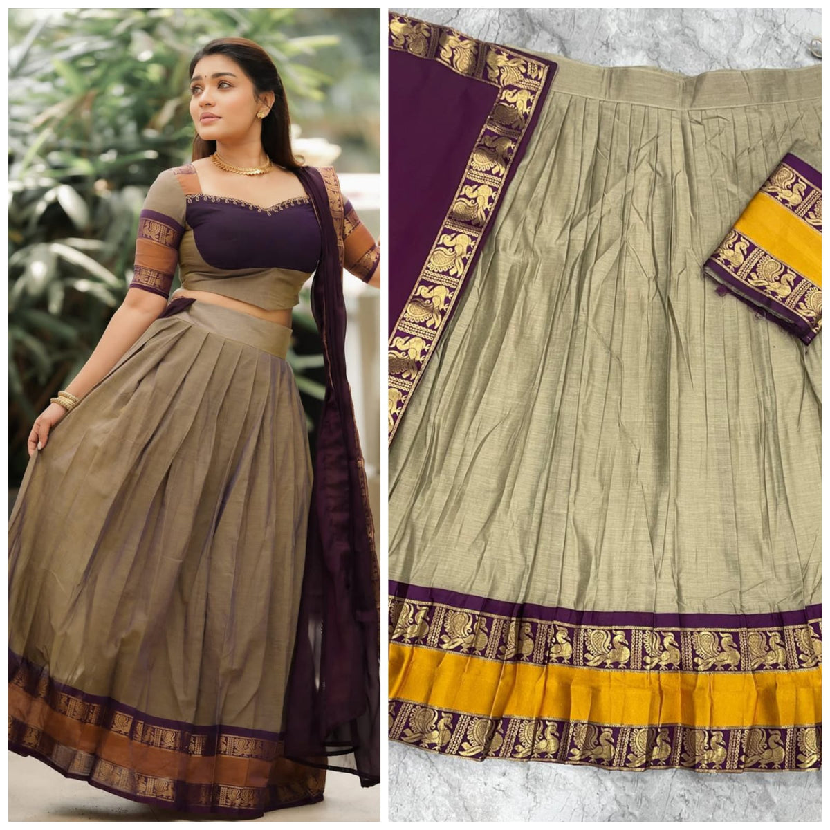 Beige and maroon south Indian inspired lehenga