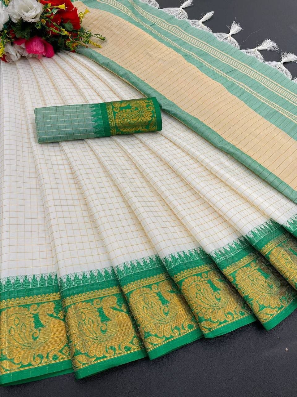 white and green soft silk sari