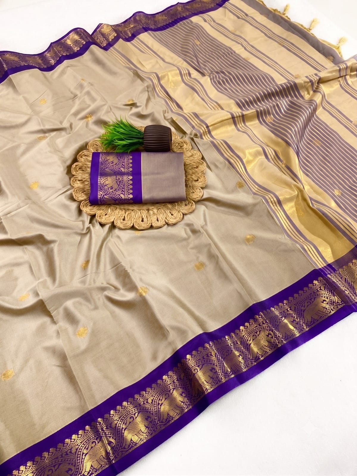 Beige and purple saree