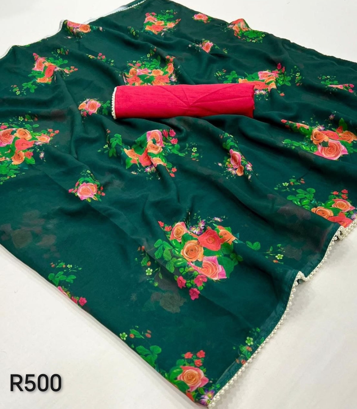 Green and pink floral sari