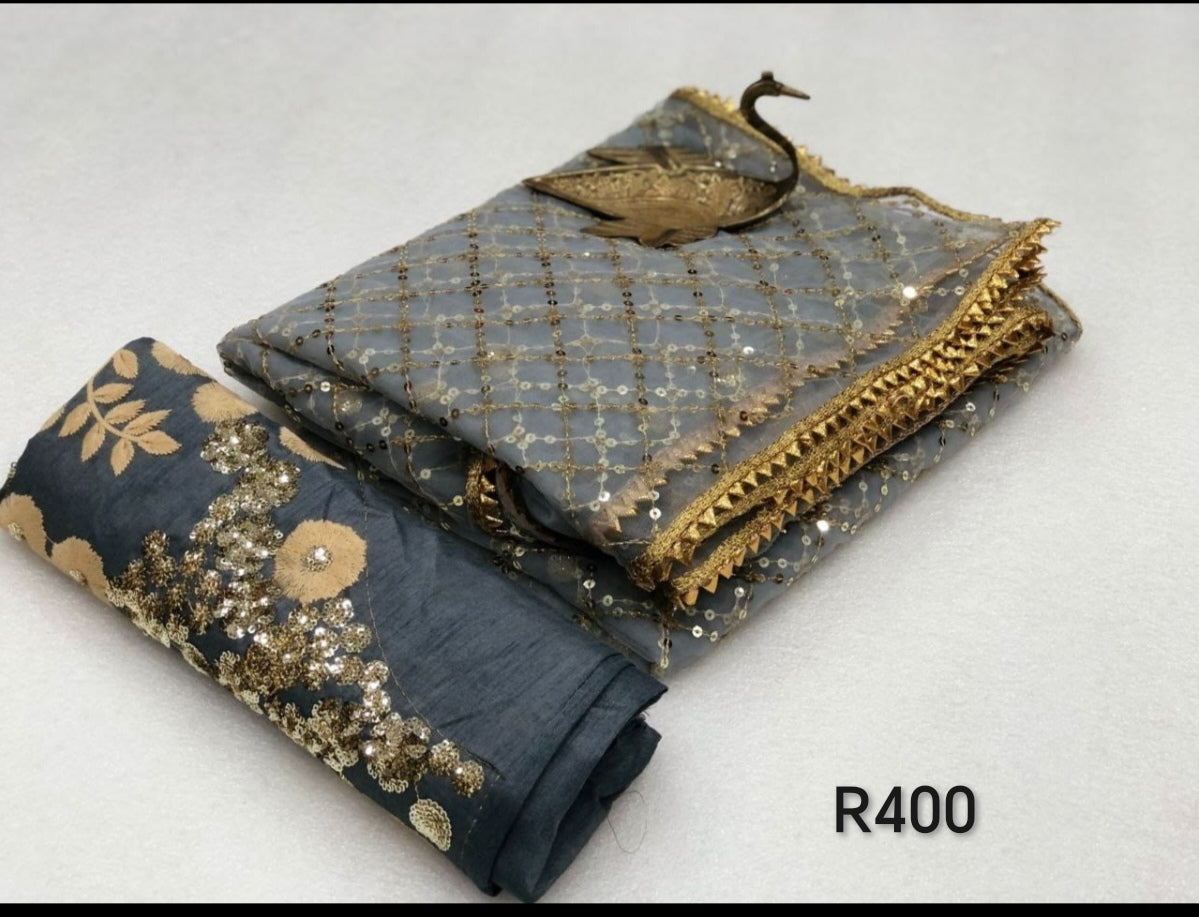 Grey and gold sari