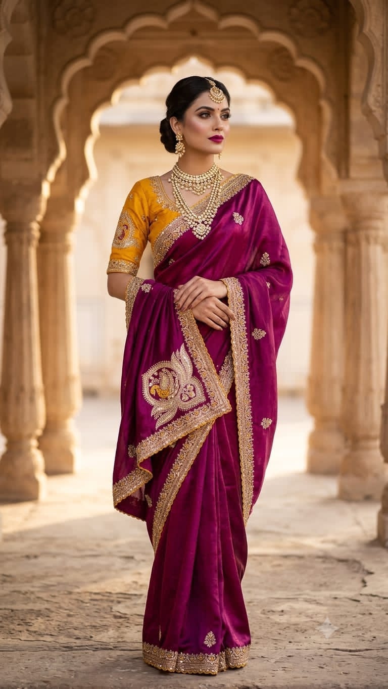 Maroon and mustard saree