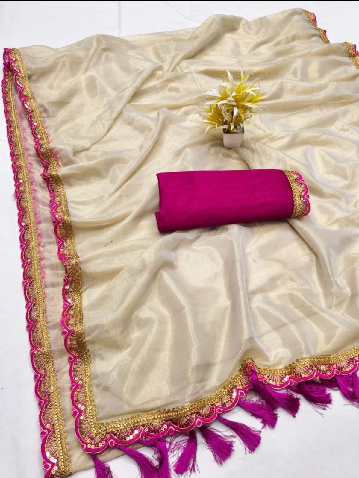 BEIGE AND PINK SAREE