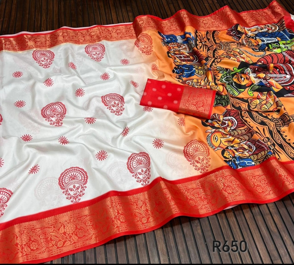 white and red silk amman sari
