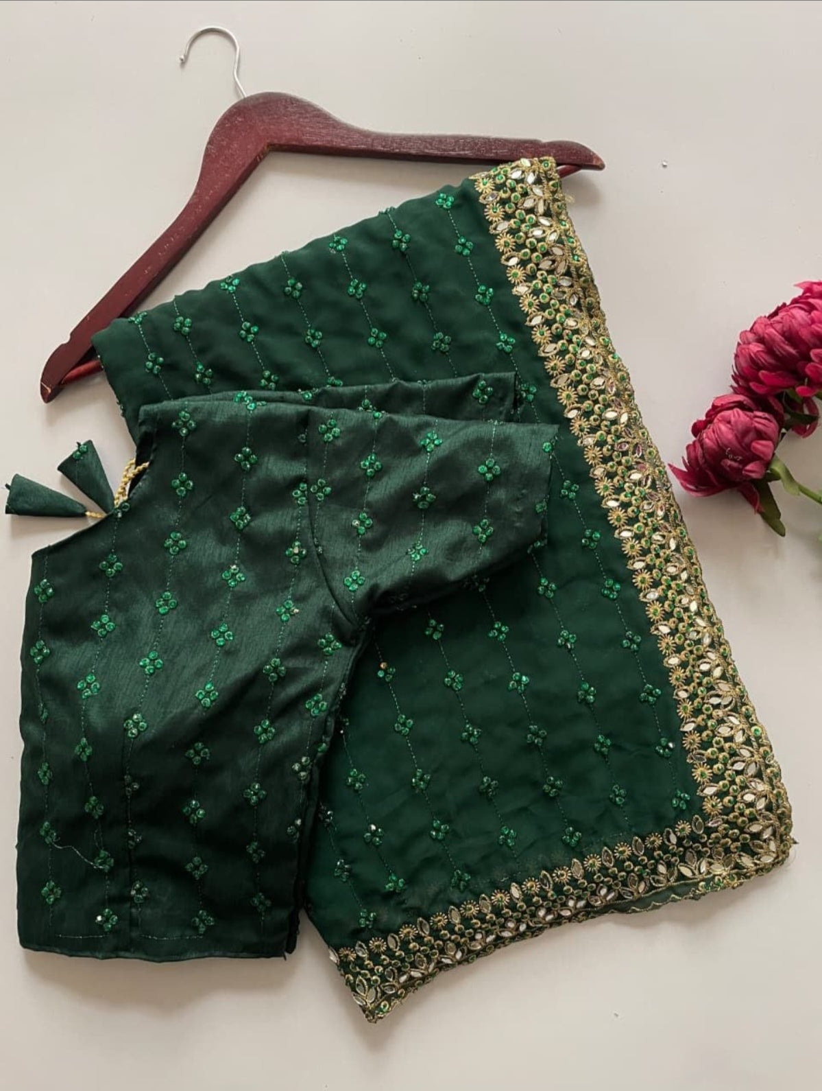 Bottle green and gold sari