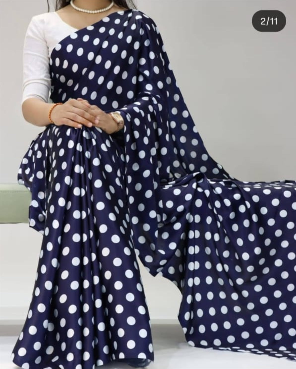 Navy and white Polka dot saree