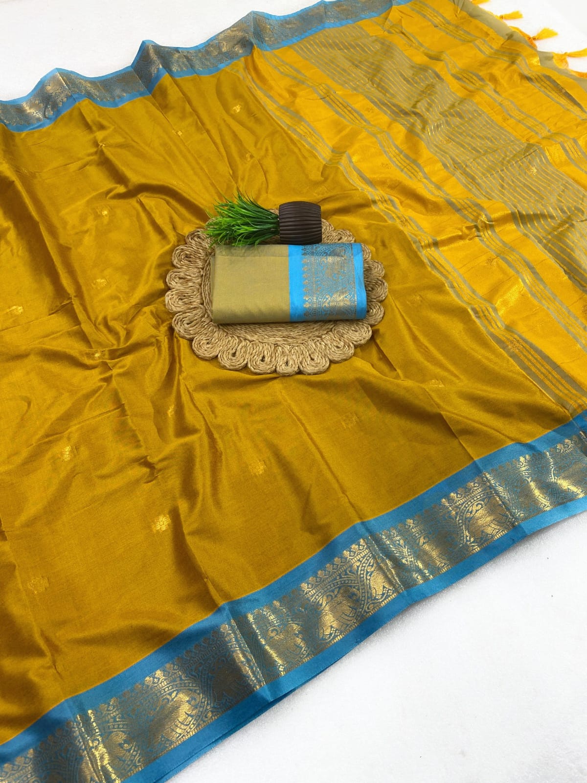 mustard and blue saree