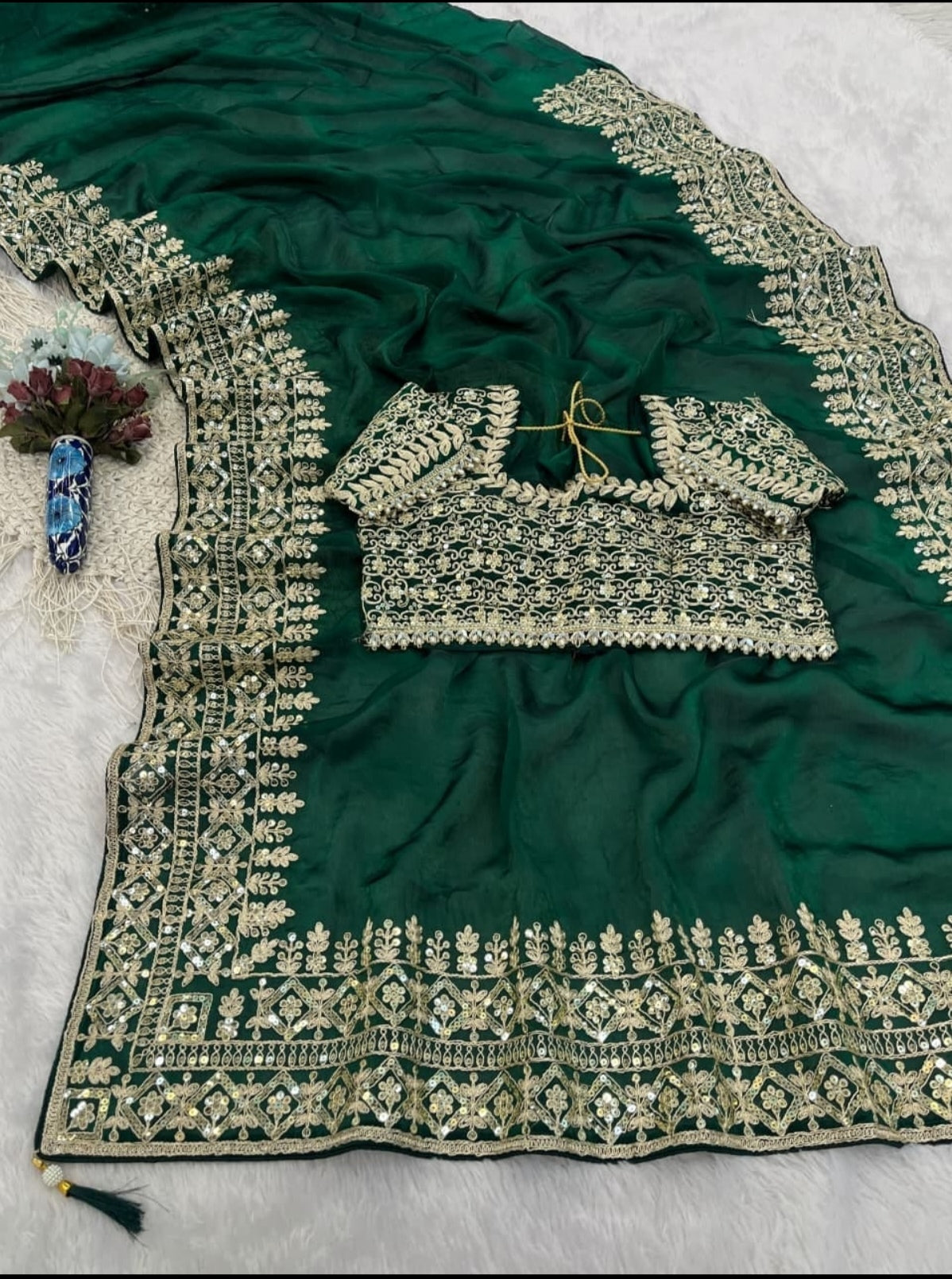 Bottle green sequins saree