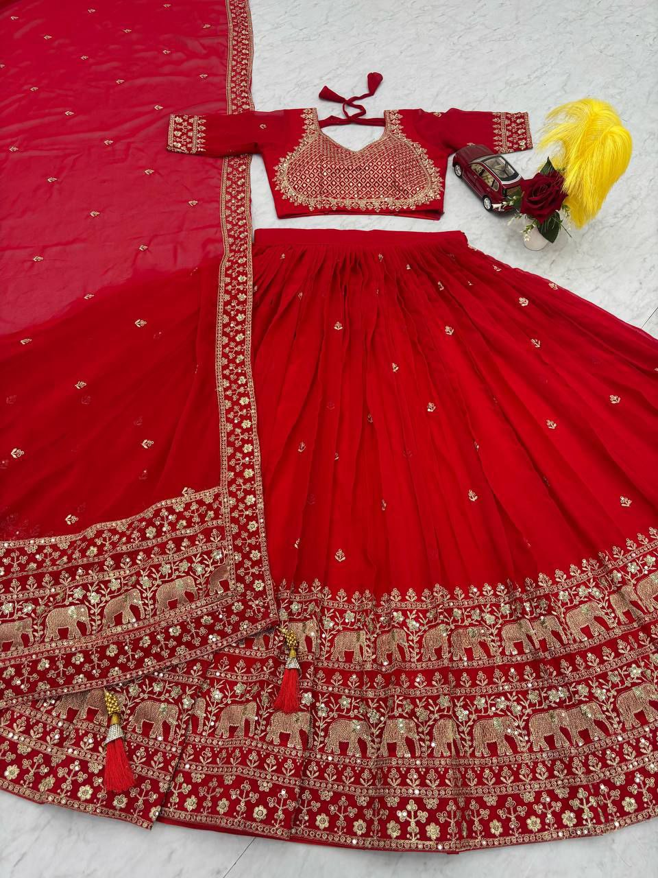 Red and gold lehenga