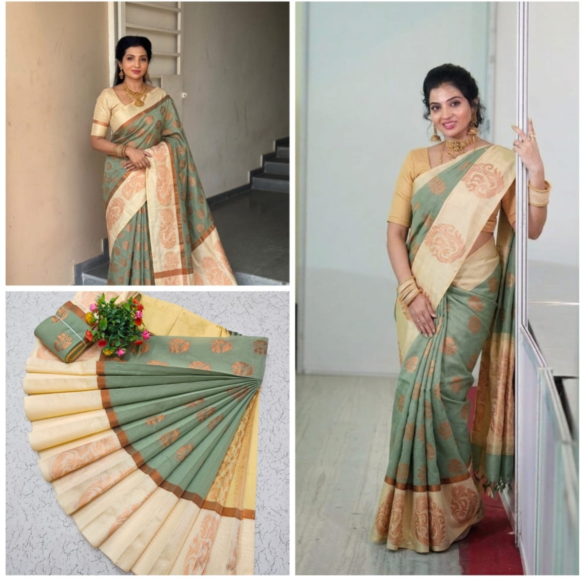 sage green and cream saree