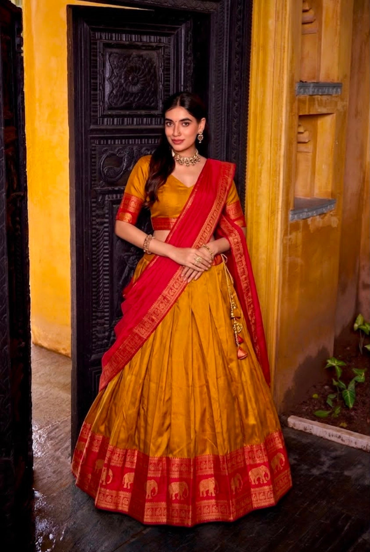 Mustard and red South Indian lehenga