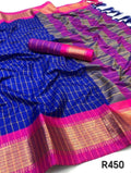 Blue and pink check sari